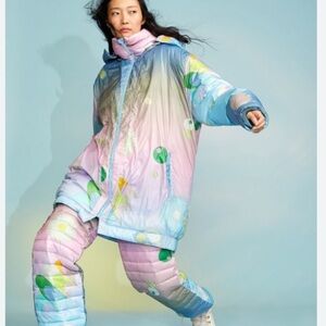 Cynthia Rowley x Anthropologie Cosmo Puffer Hood Rainbow Pastel Floral Jacket